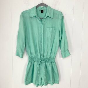 Victoria's Secret Teal Green Rolled Cuff Smock Tie Waist Linen Romper Size 4
